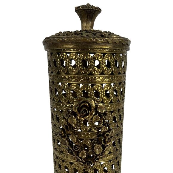 VINTAGE METAL FILIGREE VANITY HOLLYWOOD REGENCY HAIR/FRESHENER SPRAY CAN COVER ! - Picture 3 of 8